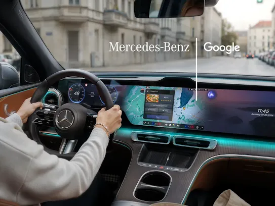 Frau am Steuer eines Mercedes-Benz; Dashboard zeigt Google-Navigation. Mercedes-Benz- und Google-Logos oben rechts integriert.