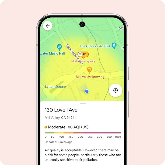 A smartphone screen displaying an air quality detail card on Google Maps for 130 Lovell Ave in Mill Valley, California. The top map view shows a yellow gradient layer indicating an AQI of 80 with the label "Moderate air quality." The bottom panel shows the breakdown rating it as "Moderate - 80 AQI (US)" alongside a color-coded index scale and explanatory text noting that the air quality is acceptable but may pose a risk to unusually sensitive individuals.