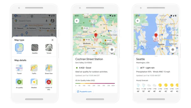 Interface utilisateur sur mobile montrant des informations utiles sur la météo et la qualité de l'air avec de nouveaux calques sur Google Maps