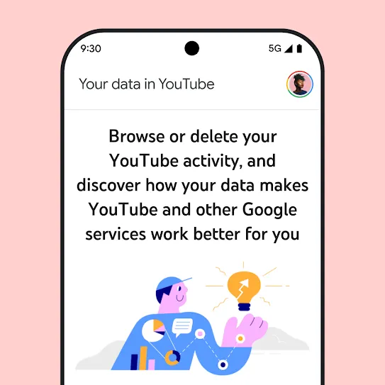Visual of a smartphone screen with YouTube open, displaying an informational message about 'Your data in YouTube' including details on browsing and deleting activity history.