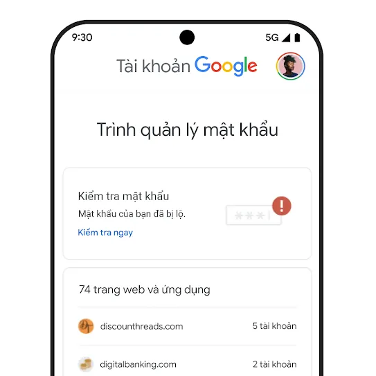 Hình ảnh minh hoạ một chiếc điện thoại có giao diện người dùng hiển thị tính năng kiểm tra mật khẩu.