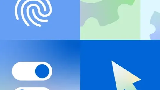 A four-quadrant grid of digital security icons in shades of blue and green. The top-left features a white fingerprint icon; the top-right shows a partial green gear; the bottom-left displays two toggle switches in the 'on' and 'off' positions; and the bottom-right shows a white cursor arrow. The icons symbolize a collaborative effort toward online safety and fraud prevention.