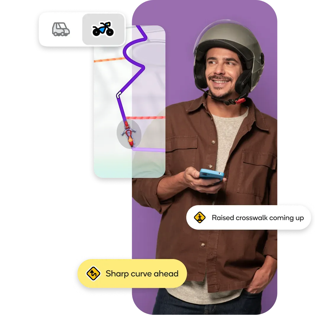 Waze Motorcycle Mode screen showing rider navigation and surface hazard alerts for motorcyclists