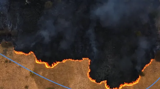 An aerial view of a wildfire moving across dry land, burning vegetation and leaving a charred landscape in its wake.