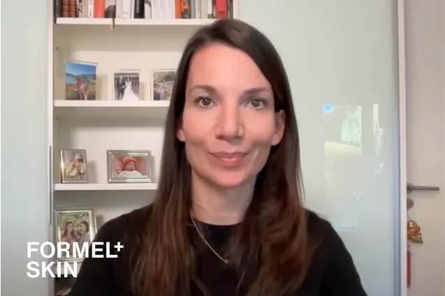 A headshot of Dr. Sarah Bechstein, Founder of Formel Skin, appearing in a video testimonial. She has long brown hair and is wearing a black top with a gold necklace. In the background is a white bookshelf with framed photos. The Formel Skin logo is overlaid in white text in the bottom-left corner.