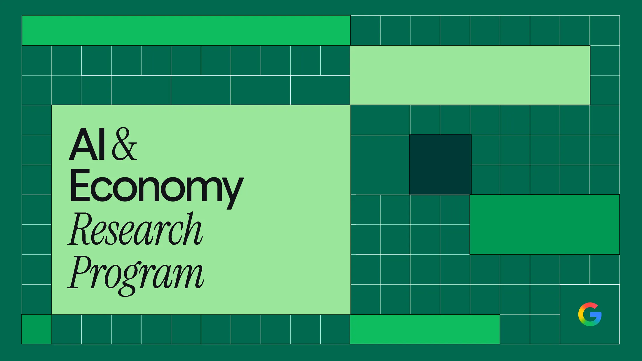 A square green graphic featuring a lighter green box with dark text that reads "AI & Economy Research Program". The light green box is framed on the top, left, and bottom sides by a dark green grid pattern.