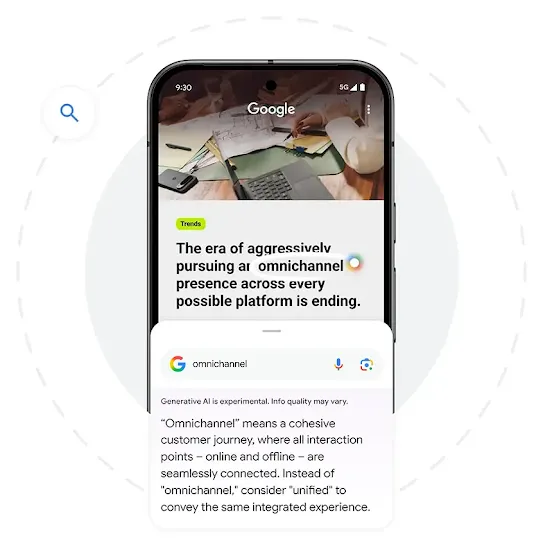 A phone screen shows a lifestyle image and an abstract example of how Circle to Search can find the definition of a word on the screen.