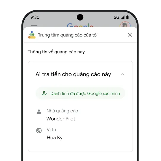 Giao diện mô phỏng trang "Ai trả tiền cho quảng cáo này" trong Trung tâm quảng cáo của tôi. 