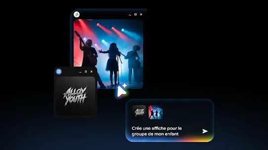 Glowing cursor selecting a concert photo and band logo, with typed AI prompt; “Combine these images to make a band poster for my kid.”