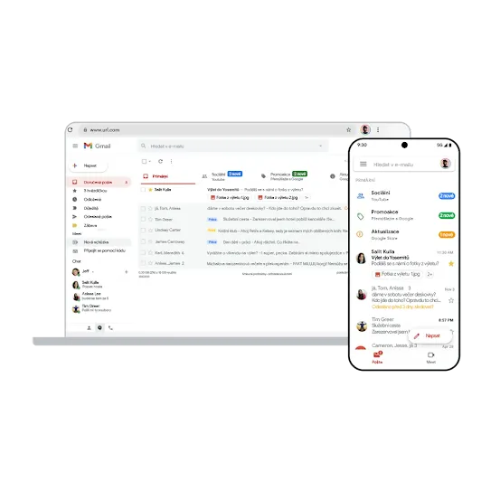 Gmail na počítači a na mobilních zařízeních.