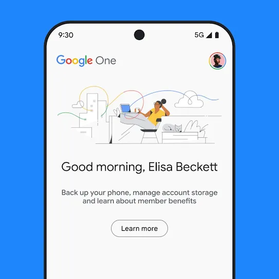 Visual of a smartphone screen with Google One open, displaying a personalised welcome message and an informational message about account storage, including phone backups and member benefits, with a link to learn more.