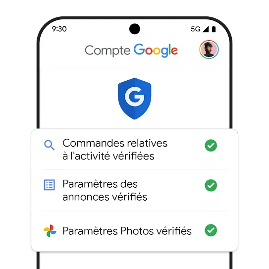 Menu mobile d'un compte Google affichant tous les paramètres vérifiés.