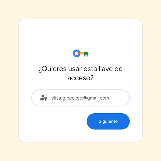 Interfaz de usuario para acceder donde se muestra “¿Quieres usar esta llave de acceso?” y Siguiente.