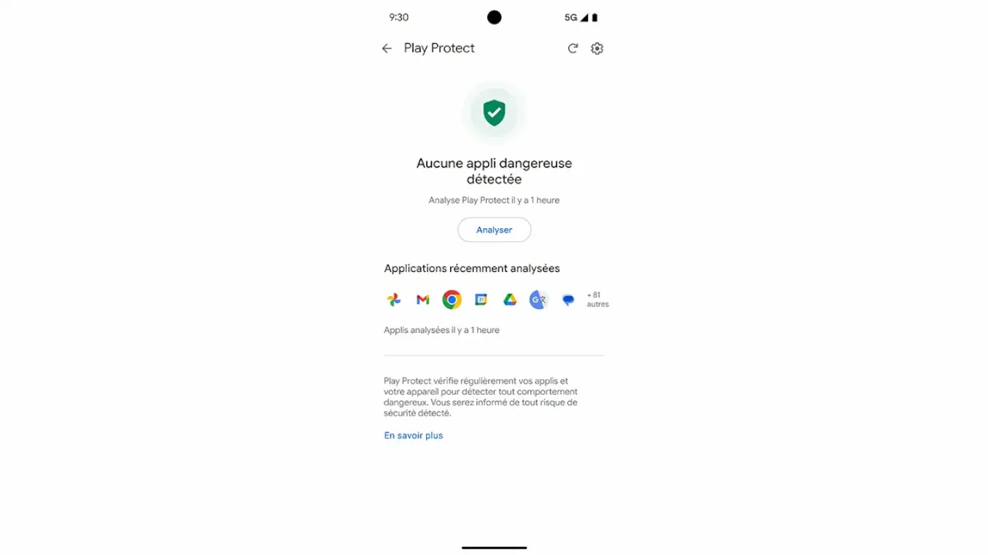 Capture d'écran de Play Protect avec une analyse n’ayant pas détecté d'applications dangereuses.