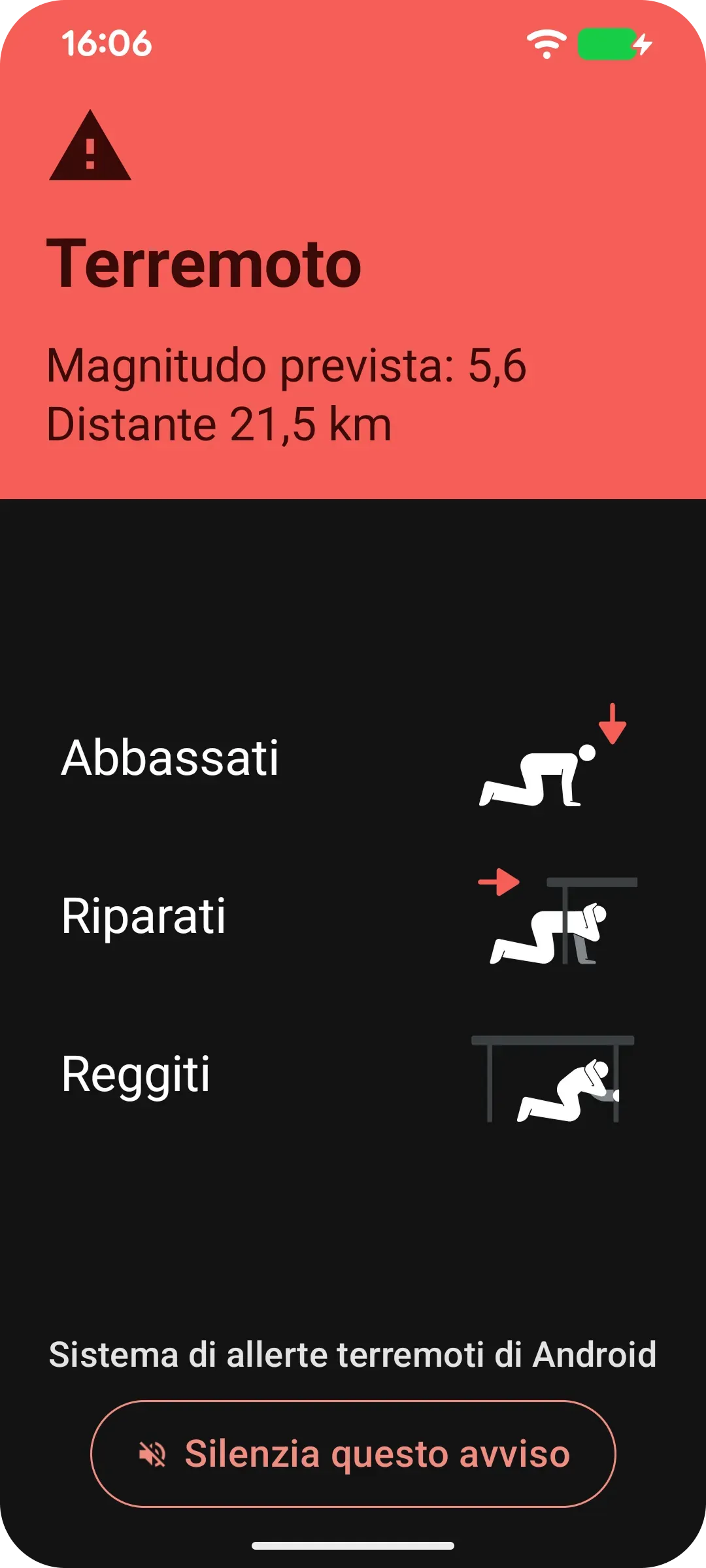 UI di uno smartphone con istruzioni per la sicurezza in caso di terremoto, inclusi: abbassarsi, coprirsi e tenersi