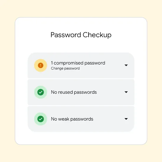 Interface for Password Checkup displaying results including "1 compromised password" and a suggestion to change that password.