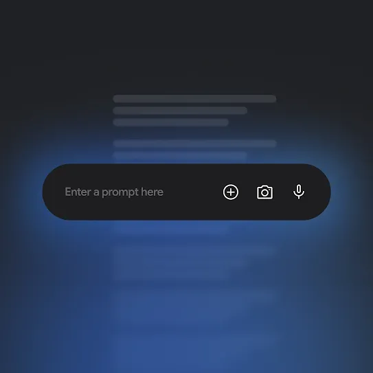 A pill-shaped Gemini prompt bar with a blue and purple hue border around it. Behind it are several pill-shaped bars.