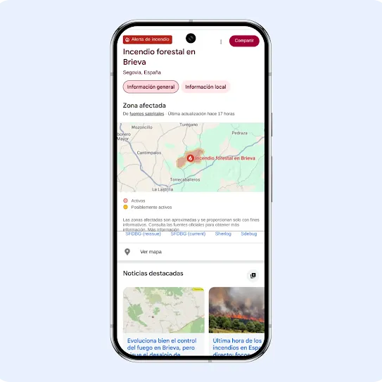 Pantalla de un smartphone que muestra una alerta de incendio de Google sobre los incendios forestales en el área metropolitana de Los Ángeles. El panel muestra información detallada sobre la calidad del aire en California de airnow.gov y la NOAA, con un mapa interactivo de la zona, una escala de colores del ICA y actualizaciones meteorológicos oficiales del Servicio Meteorológico Nacional que informan sobre un aviso por vientos fuertes.