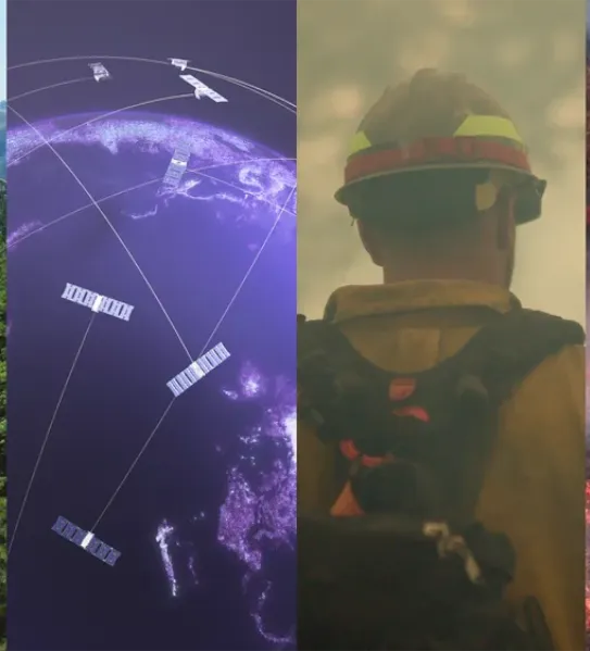 A four-panel composite showing a lush forest, satellite data orbiting Earth, a firefighter in hazy smoke, and an infrared-style aerial view of a wildfire with directional data arrows.