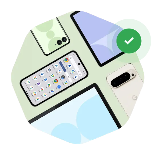 Various electronic devices on green background. A green check mark is right above the image.