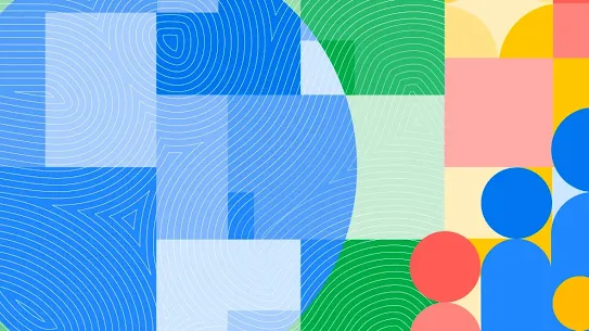 Blue sphere over green checkerboard, stylized multi-colored geometric family, yellow/pink/red square and circle background.