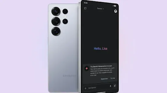 Two phones on a lilac background. One is showing the back of a phone and the other is showing the front of the phone. The phone screen shows the Gemini app chat window.
