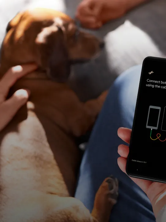 A person is holding an Android phone while petting a brown dog. The phone screen has a picture of two devices connected by a cord. Another person’s hands close to the dog’s face is in the background.