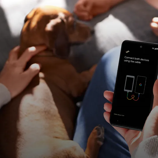 A person is holding an Android phone while petting a brown dog. The phone screen has a picture of two devices connected by a cord. Another person’s hands close to the dog’s face is in the background.
