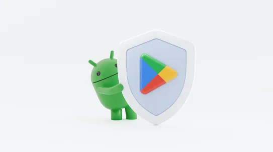 A 3D green Android mascot peeking out from behind a white shield featuring the Google Play logo against a white background.   