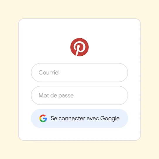 Interface utilisateur permettant d'utiliser Se connecter avec Google pour se connecter à Pinterest.