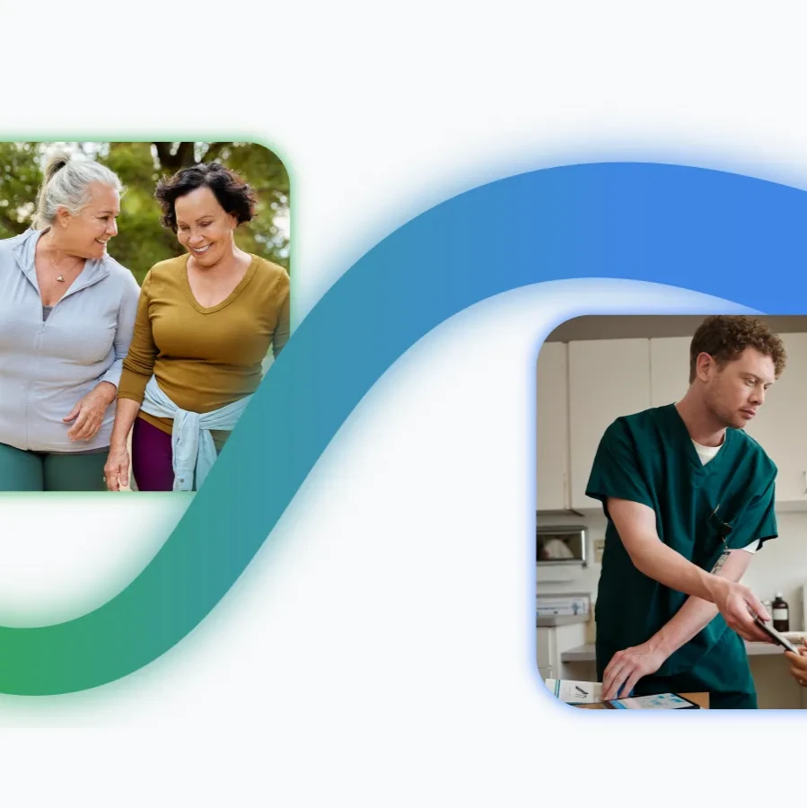 Collage: (1) Person wearing a fitbit sitting next to others, (2) 2 people walking rogether, (3) A healthcare provider and patient in discussion