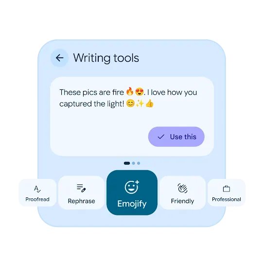 The Gboard writing tools feature shows a sentence that has been edited to include emojis. 