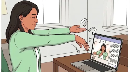 An illustration depicts a person with eyes closed, extending their arms forward toward a laptop on a table during a virtual medical consultation