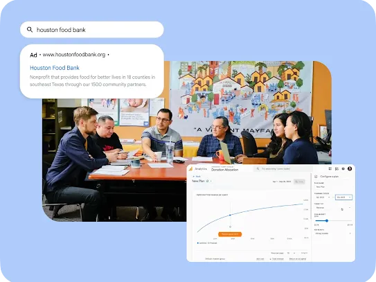A product concept collage set on a light blue background. Top left features a Google Search bar showing a search for "houston food bank" with its text search ad snippet. The central photo shows a group of diverse community members sitting around a wooden table discussing a project. The bottom right features a Google Analytics dashboard displaying a "Donation Allocation" interface with budget optimization graphs.