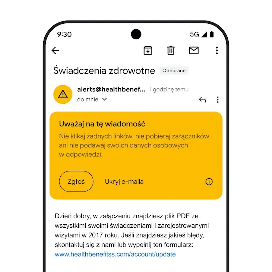 Ilustracja przedstawiająca ekran smartfona z otwartą aplikacją Gmail, w której widać e-maila z alertem bezpieczeństwa dotyczącym potencjalnej próby wyłudzenia informacji.
