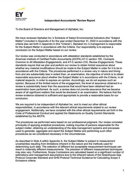 Cover image of Alphabet's 2023 (FY2022) Environmental Indicators Assurance Letter