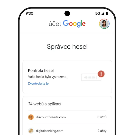 Obrázek telefonu s uživatelským rozhraním kontroly hesel.