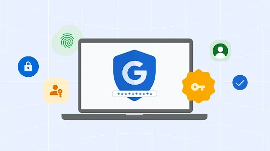 A vector graphic representation of online security and password management on a light blue grid background. In the center is an open laptop displaying a large blue shield icon with a white capital "G" and a masked password row of blue asterisks underneath. Flanking the laptop are floating, colorful circles containing security symbols: a green fingerprint scanner, a blue padlock, a yellow profile icon with a key, an orange starburst badge with a key, a green user profile avatar, and a blue checkmark badge.