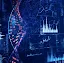 A complex, layered digital composition with a dark blue color palette that illustrates concepts related to biotechnology and data science.