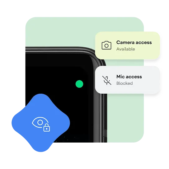 A close up of the top right part of an Android phone with a green dot close to the corner of the screen. Graphic overlays say camera access available and mic access blocked. Along with an icon of an eye with a lock symbol.