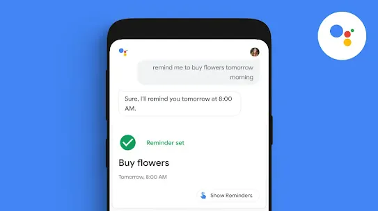An Android phone showing a Google Assistant text exchange. The Google Assistant logo is shown.