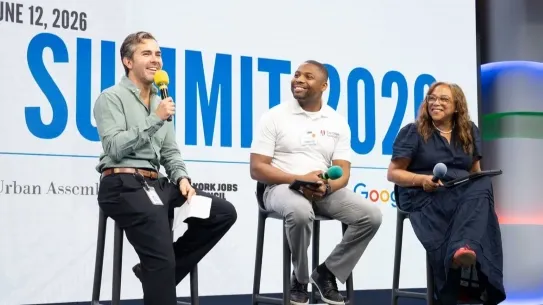 NYC Public Schools' Chief of Student Pathways Jane Martínez Dowling and Google's Steven Butschi share industry insights during a fireside chat moderated by Urban Assembly CEO David Adams