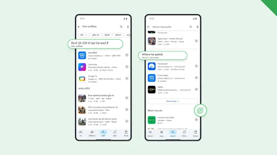 Two screenshots show search results for relevant streaming apps on Google Play when searching for a movie title