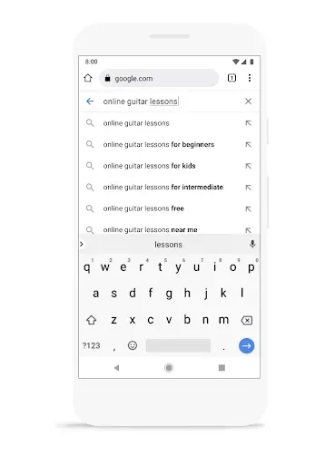 A smartphone displaying a Google Search for "online guitar lessons." The dropdown menu shows various auto-suggestions including "for beginners," "for kids," and "near me" above a mobile keyboard.