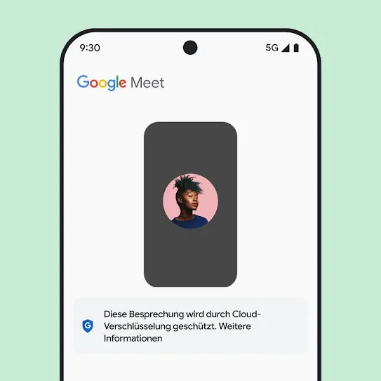 Auf einem Smartphone-Display ist Google Meet geöffnet. Unter der Besprechung wird eine Nachricht mit Informationen zur Cloud-Verschlüsselung angezeigt.