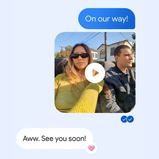 A mobile screen shows pictures and texts friends have shared in a group chat containing iPhone® and Android users.