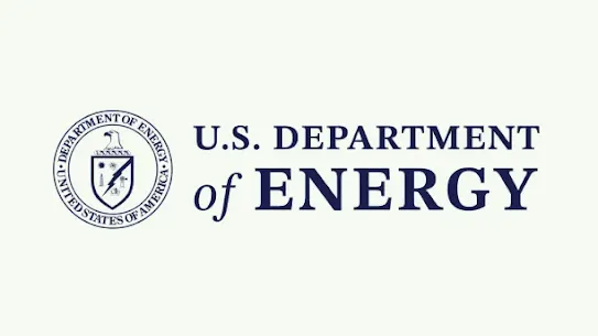 The official logo and wordmark for the U.S. Department of Energy (DOE). The circular seal on the left features an eagle, a sun, and symbols of energy production, while the text on the right reads "U.S. DEPARTMENT of ENERGY" in a dark navy blue serif font, all set against a clean off-white background with rounded corners.