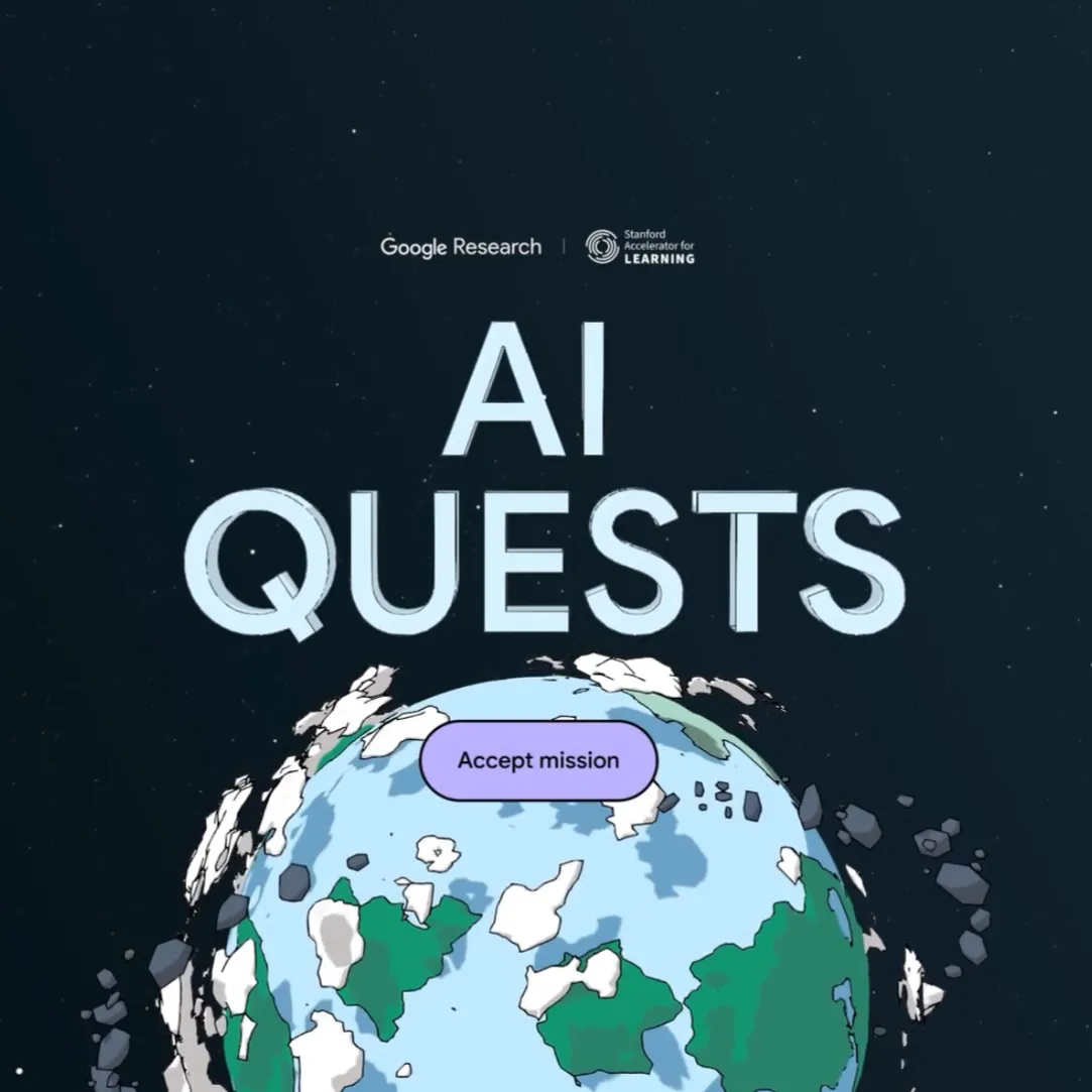 A video thumbnail of AI QUESTS with a stylized Earth, Accept mission button. Google Research and Stanford Accelerator logos