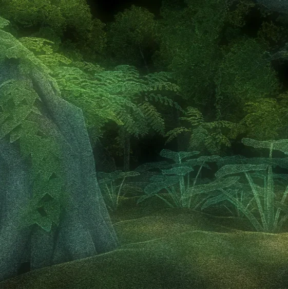 A 3D rendering of a rainforest with different layers of plants and trees in green