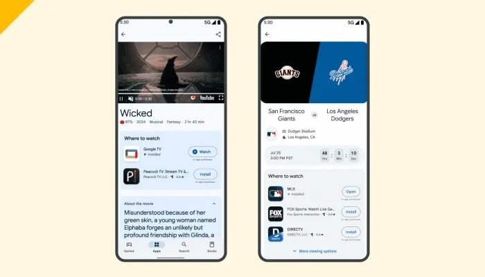 Two phone screens highlight curated Play Store pages: one for the musical Wicked and another featuring the San Francisco Giants vs. Los Angeles Dodgers.